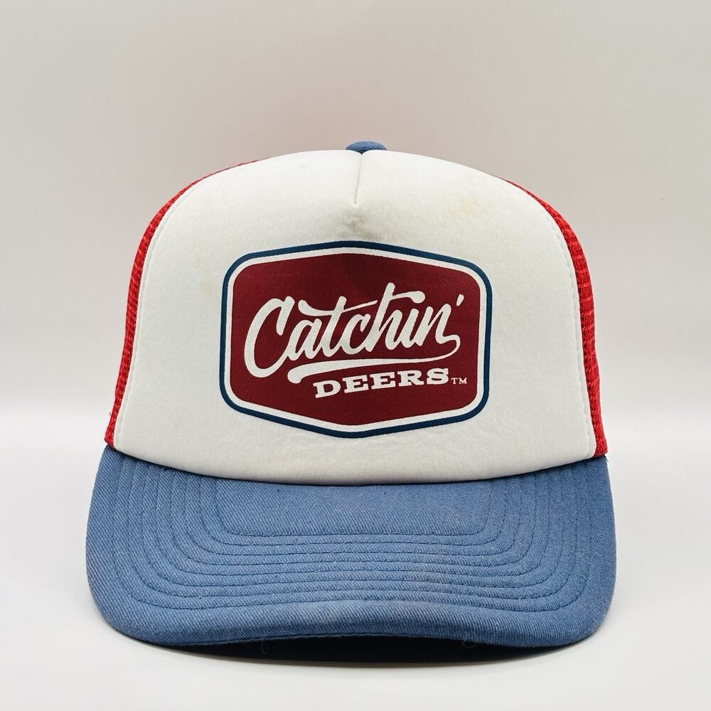 Catchin' Deers Front Logo Mesh Back Red Blue Trucker Hat Hunting Patriotic OSFA